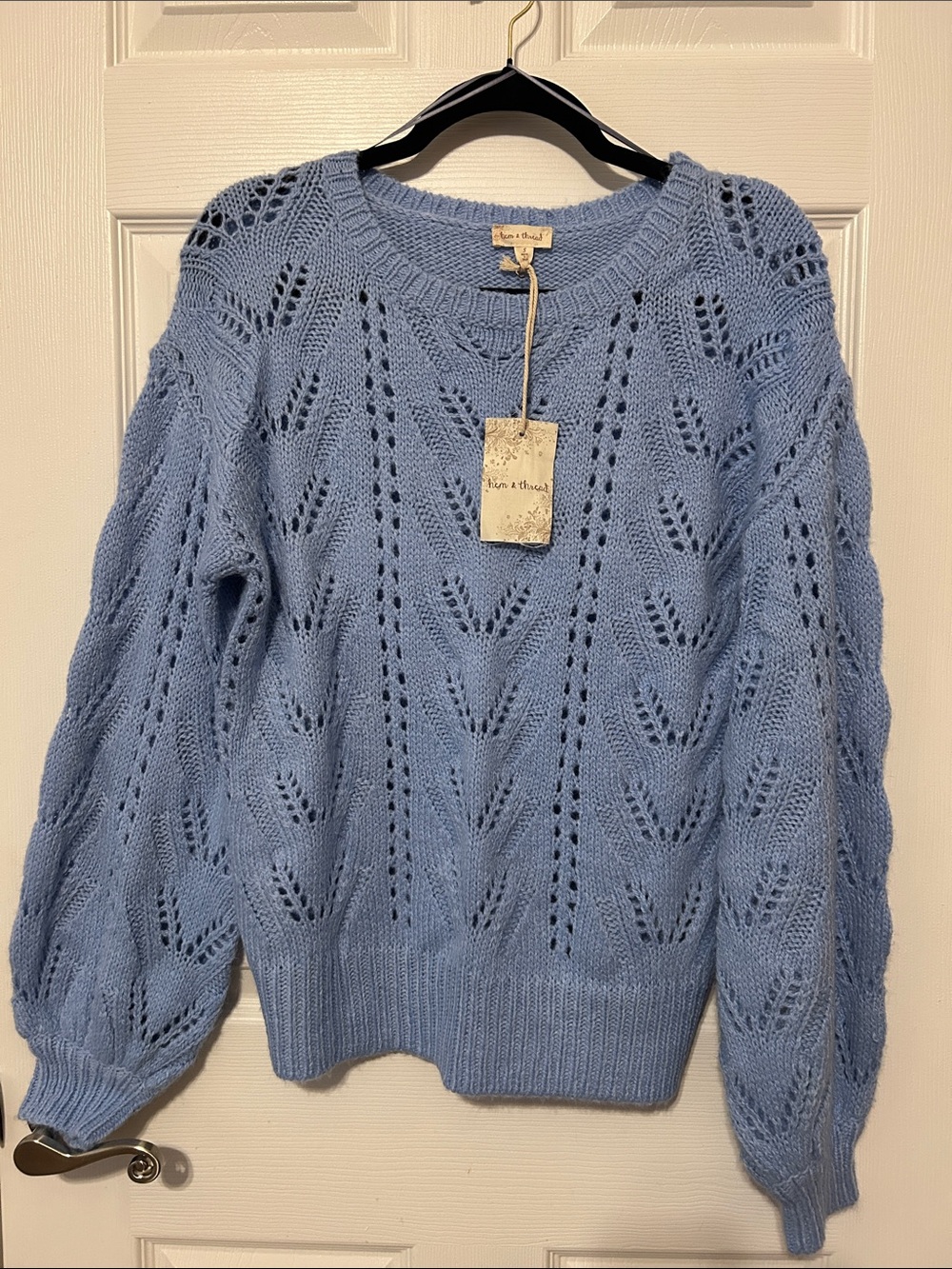 Hem & Thread Light Blue oversized Open-Knit Crewneck Sweater